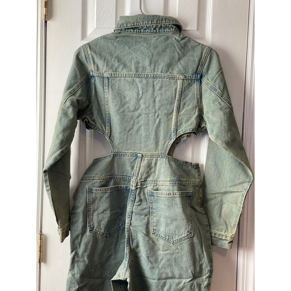 PrettyLittleThing Petite Vintage Wash Denim‎ Cut Out Jumpsuit Ripped Size 4 New - Picture 10 of 16